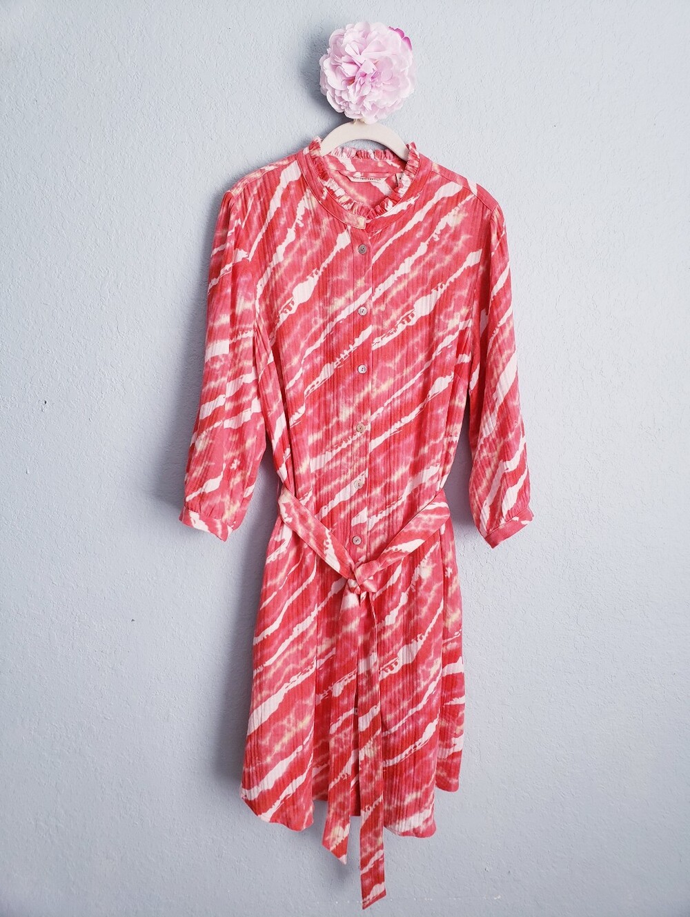 Soft Surroundings Coral Tie Dye Gauze Long Sleeve Button Down Cotton Dress